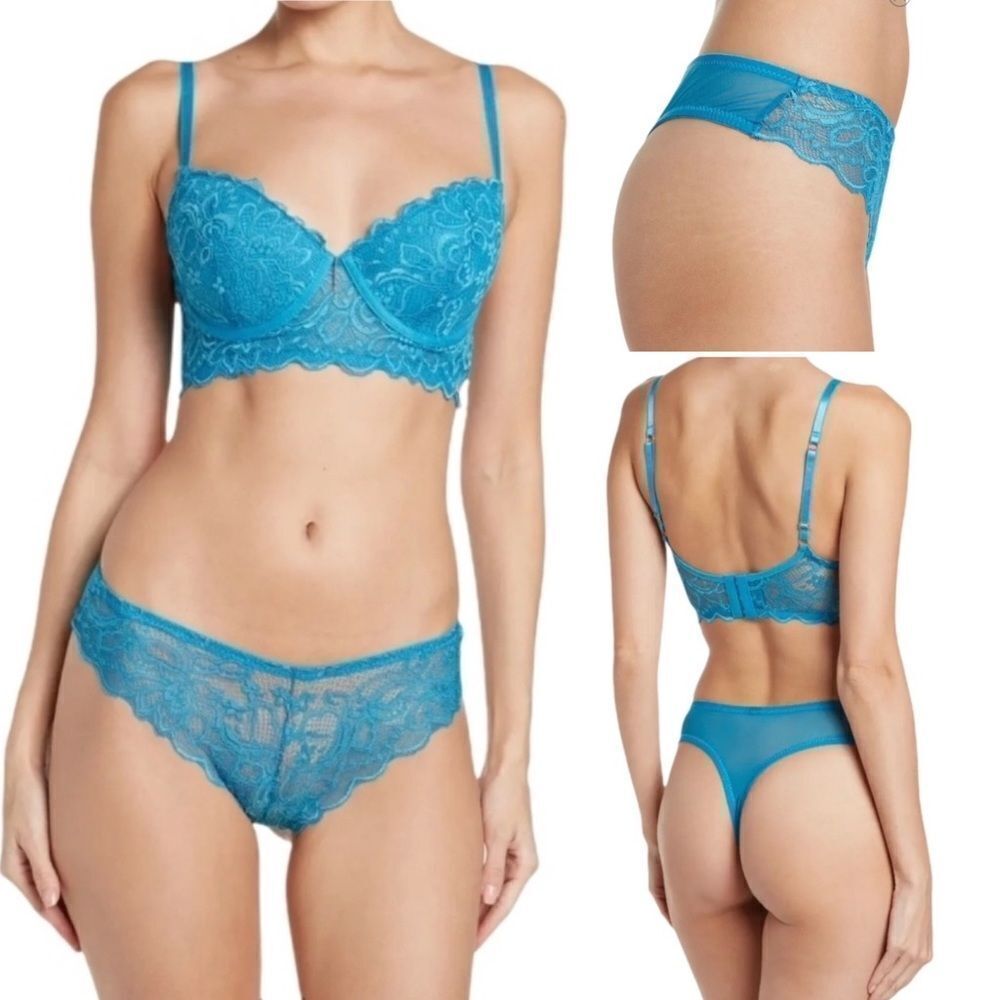 Rachel Roy Set Scallop Lace Lingerie Set Underwire Bra 38C Thong Panties XL NWT